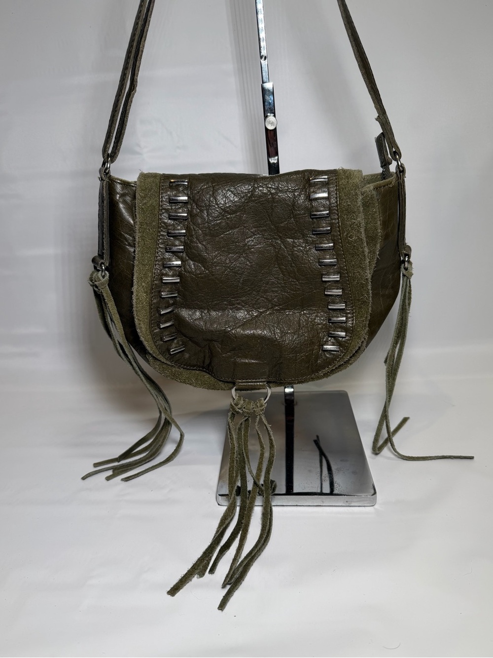 Day & Mood Irina Olive Green Leather Fringe Crossbody Bag Y2K Boho